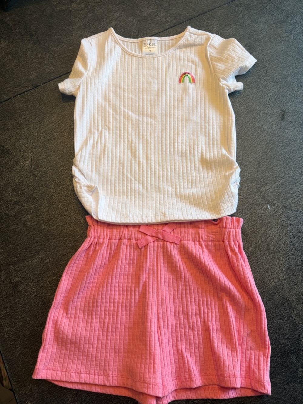 White Ribbed Tee with Rainbow Patch & Pink Ribbed Shorts Set size 7